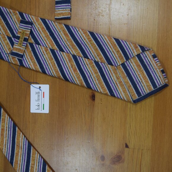 $570 ITALO FERRETTI Navy Blue Striped Handmade Silk Linen Neck Tie Italy XL - Picture 9 of 16